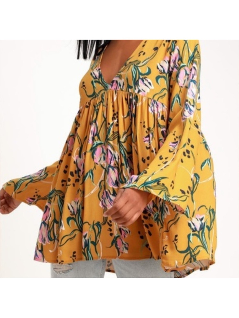 Free People Mustard Floral V-Neck Top with Pink & Teal Details